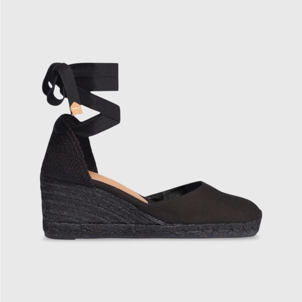 New, never worn Castaner low Carina ankle-tie Espadrille. Black/Black Jute sole